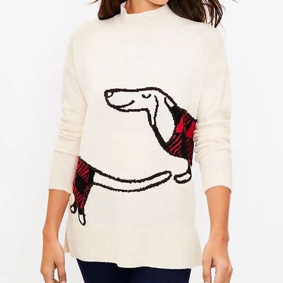 LOFT Sweaters Loft Buffalo Plaid Dog Sweater Womens Xl Cream Tunic